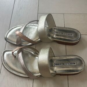 Manolo Blahnik Silver and Gold Sandals Sleek Metallic Design